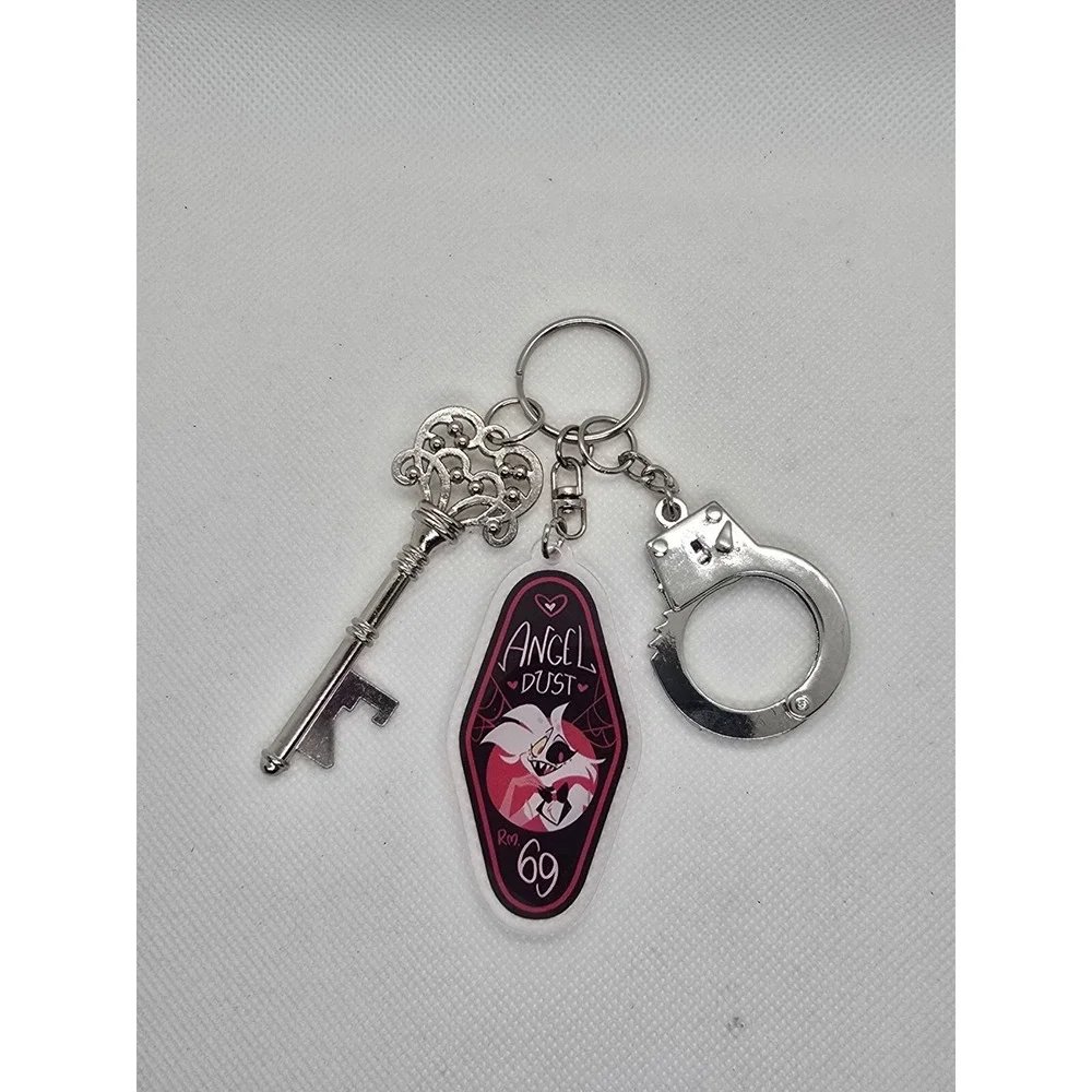 Angel Dust Hazbin Hotel Keychain,  with bottle opener key, and handcuff HANDMADE
